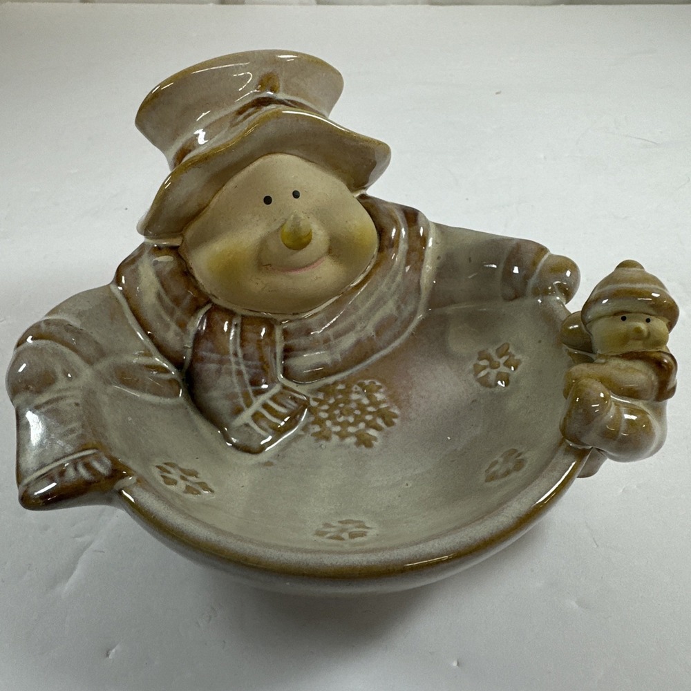 Snowman & Baby Ceramic Trinket Dish  Soap Dish Christmas Decor Beige Tan Marble